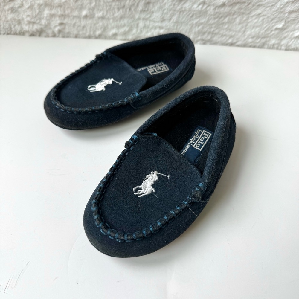 Polo Ralph Lauren Suede Leather Moccasin Slipper Shoes Boys 8 Navy Blue Preppy